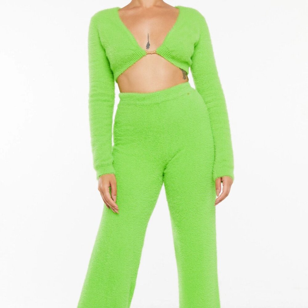 Savage X Fenty Fluff It Up Lounge Set Green Crop Top Sweatpants Women's size M